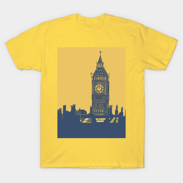 Big Ben and London Skyline in Blue and Mustard yellow T-Shirt by Maddybennettart
